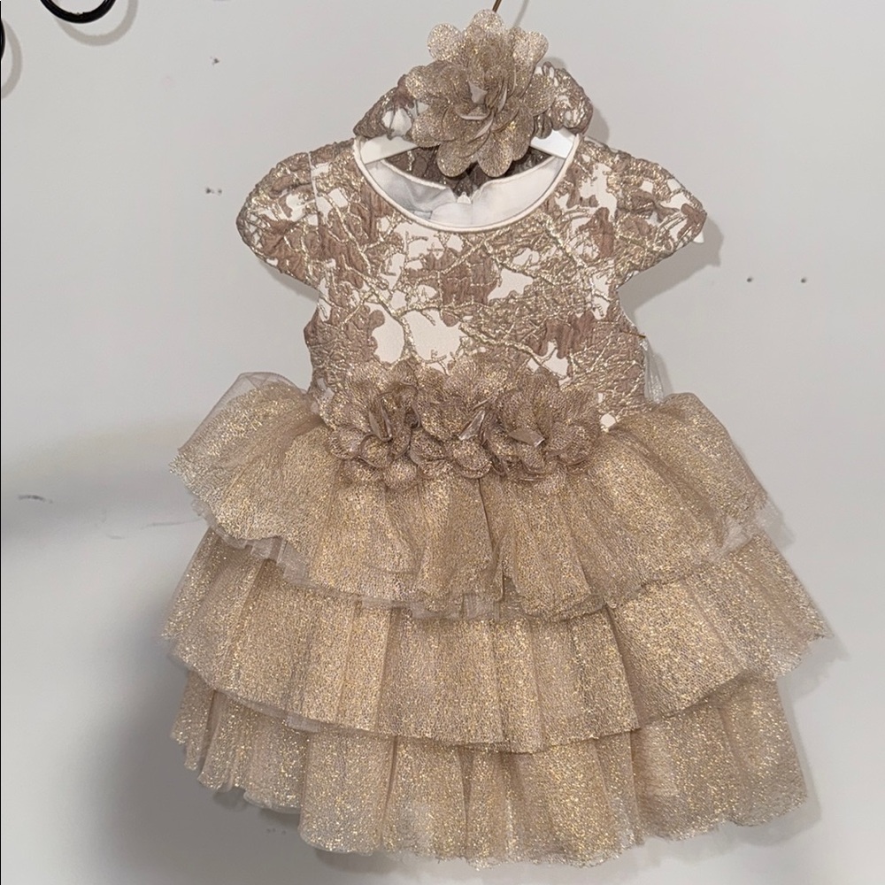 Elegant Gold Kids Dress with Floral Accents and Matching Headband
